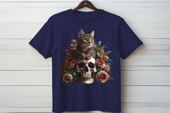 Cat on Skull in Roses: A Design That Captures Dark Whimsy