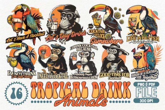 Tropical Drink Animals Design Bundle: Fun & Vibrant Art